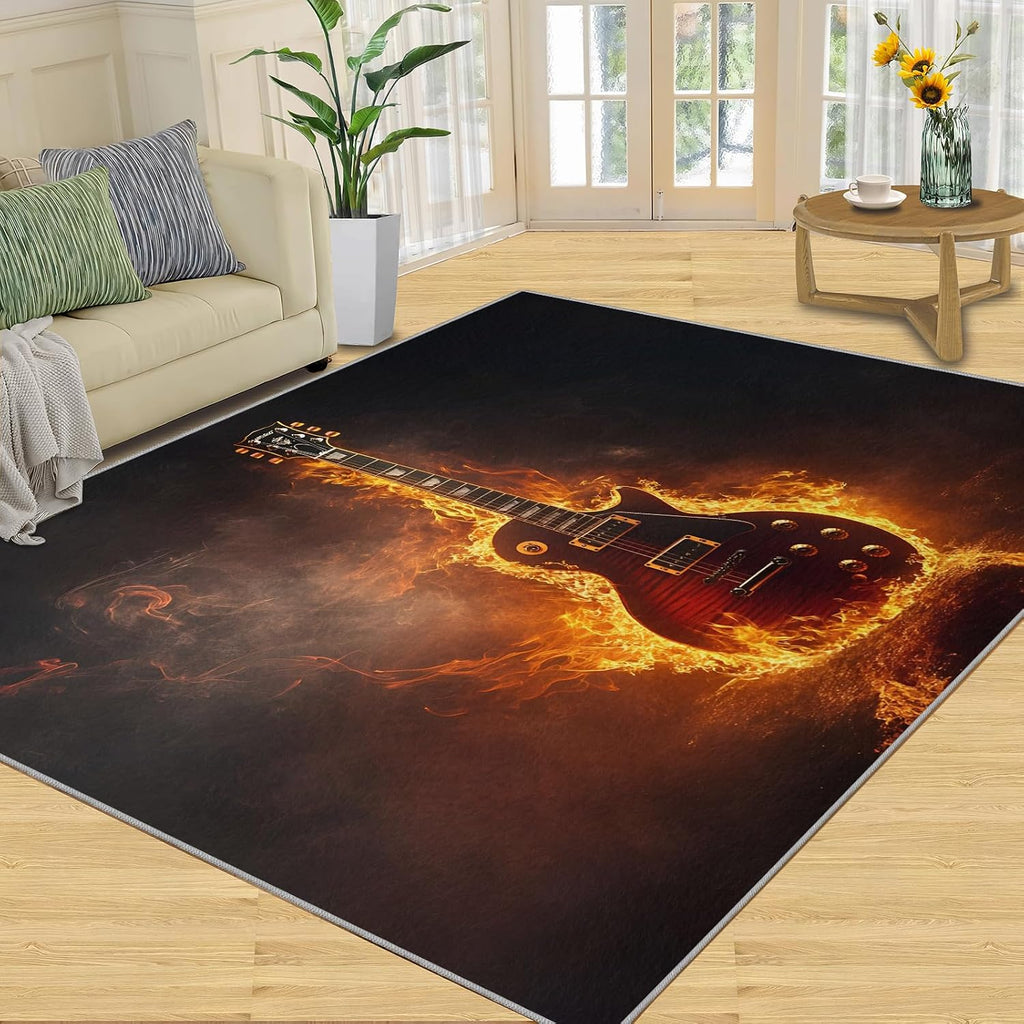 5x7 Electric Guitar Rugs for Bedroom - Flaming Guitar Print Rug, Rock Art Rug Non Slip Soft Rugs for Living Room Hardwood Floors Teen Room