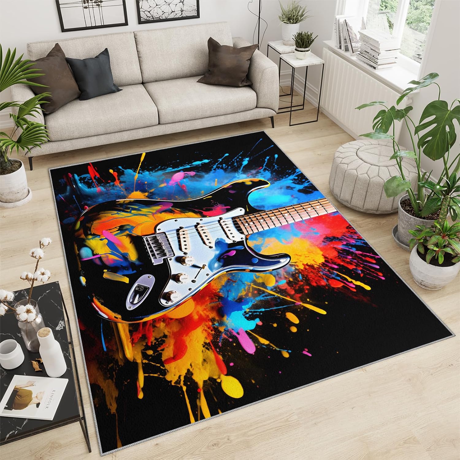 Music Guitar Rug for Bedroom - Music Area Rug - Guitar Lover Rugs for Living Room, Non-Slip Low Pile Carpet for Classroom Recording Studio Band 5x7ft