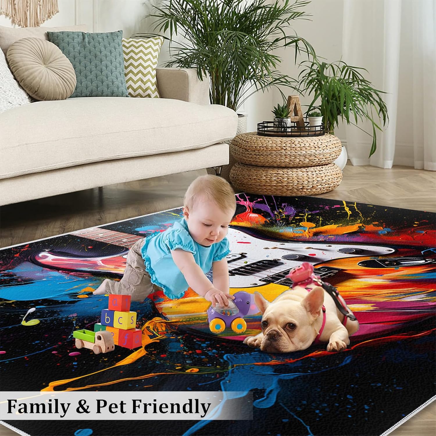 Guitar Area Rug - Cool Guitar Rugs for Bedroom - Music Lover Living Room Rug, Indoor Machine Washable Carpet for Music Studio Band Entertainment Room 6x8ft