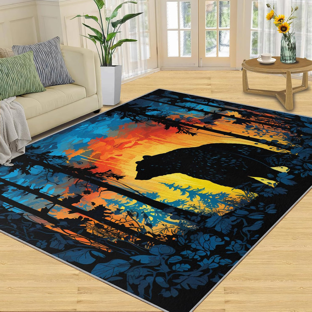 Bear Rug for Kids Room - 6x8 Large Rug, Fire and Ice Forest Rugs for Bedroom Nature Jungle Wild Animals Area Rugs for Living Room Home Decor Washable Rug
