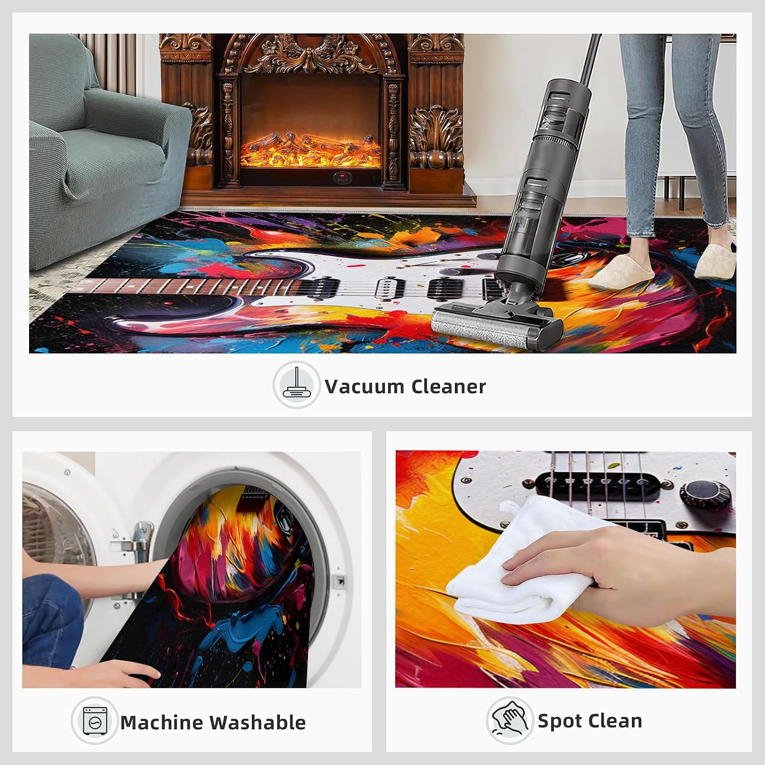 Guitar Area Rug - Cool Guitar Rugs for Bedroom - Music Lover Living Room Rug, Indoor Machine Washable Carpet for Music Studio Band Entertainment Room 6x8ft