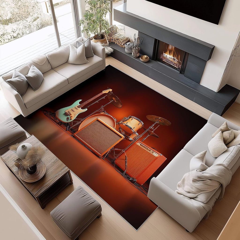 Area Rug Living Room Rugs 5x7 ft Guitar and Drum Set Ultra Soft Washable Area Rug, Indoor Non-Slip Carpet for Nursery Kids Girls Boys Teen Dorm Home Office Decor
