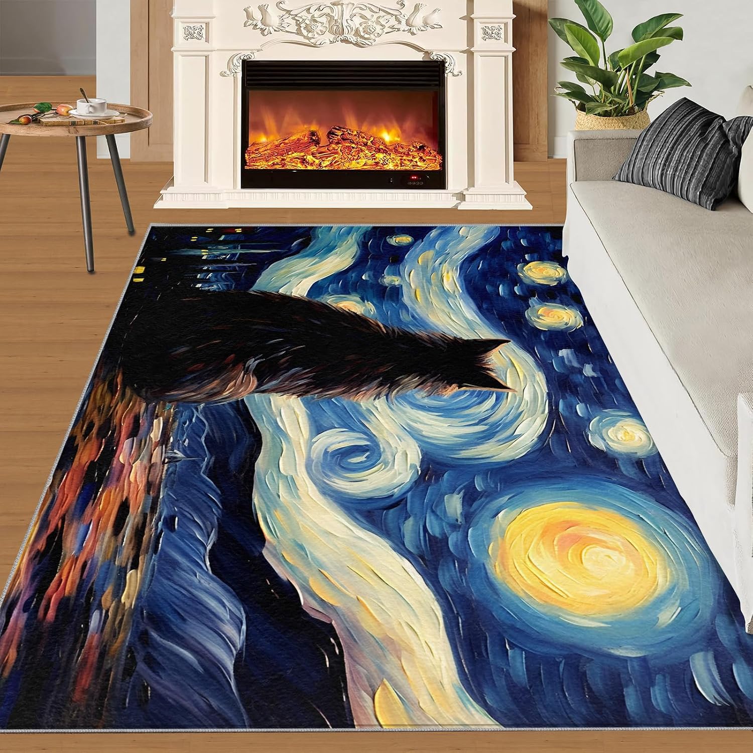 6x8 Area Rug - Starry Sky Cat Large Rugs for Living Room, Night Sky Artistic Animal Painting Carpet Area Rug for Girls Bedroom Kids Room Basement Office Classroom