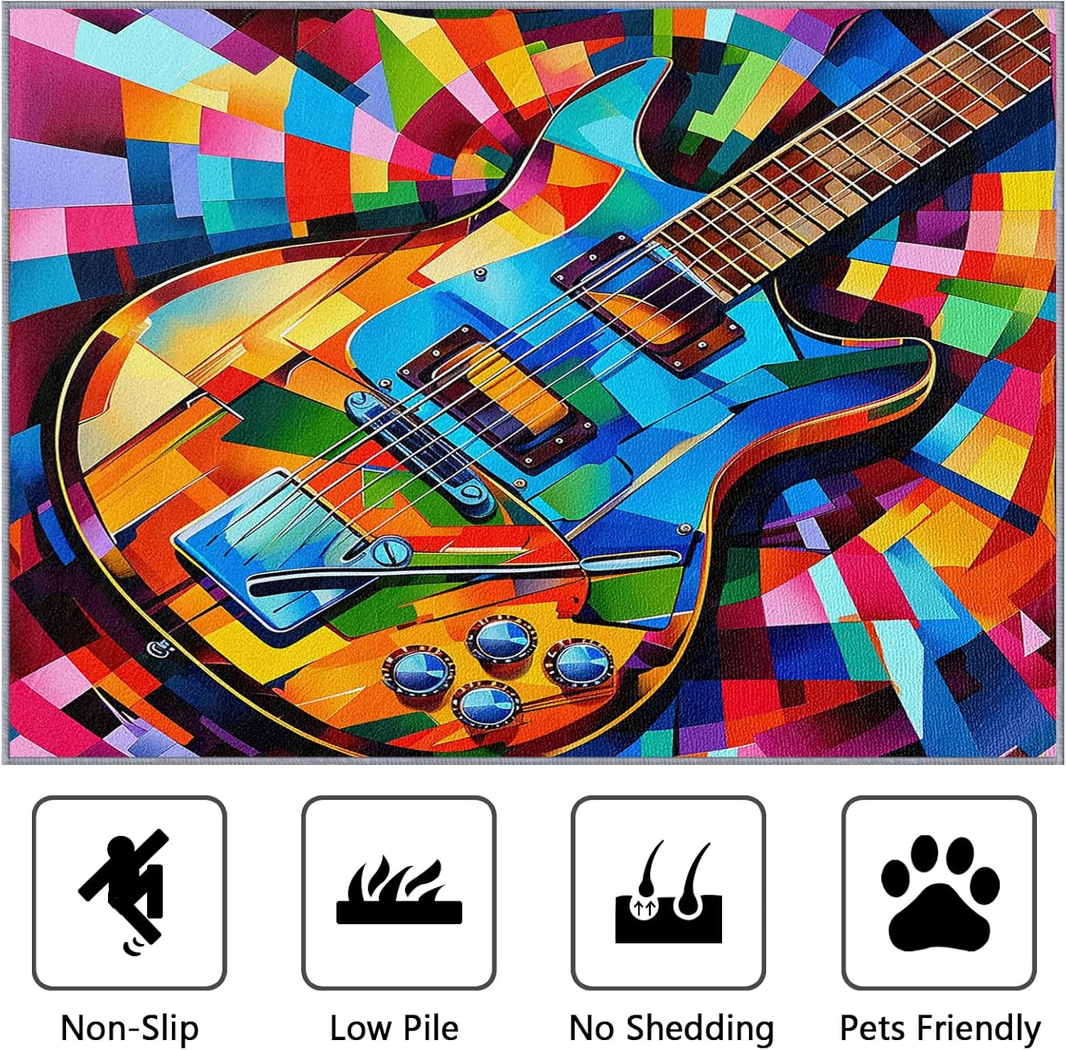 Guitar Rugs for Music Room - Guitar Rug, 6x8 Rug, Abstract Colorful Musical Area Rug, Multicolor Carpet, Washable & Non Slip & Soft Large Rugs, Guitar Home Decor Gifts