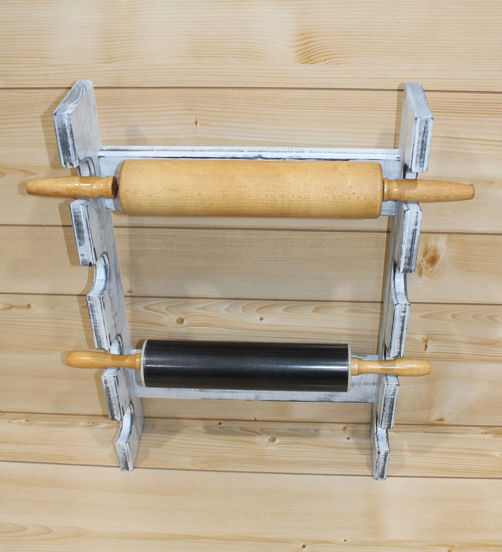 Wooden Rolling Pin Display Rack – Holds 4 Rolling Pins – Wall Mounted Storage for Bakers & Collectors – Antique White Color – Shabby Chic White & Black