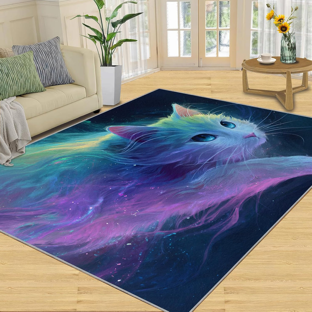 Cat Rugs for Bedroom, Fantasy Cat Rug 6x8, Animals Dining Room Rugs Washable & Non Slip Large Carpet for Home Decor