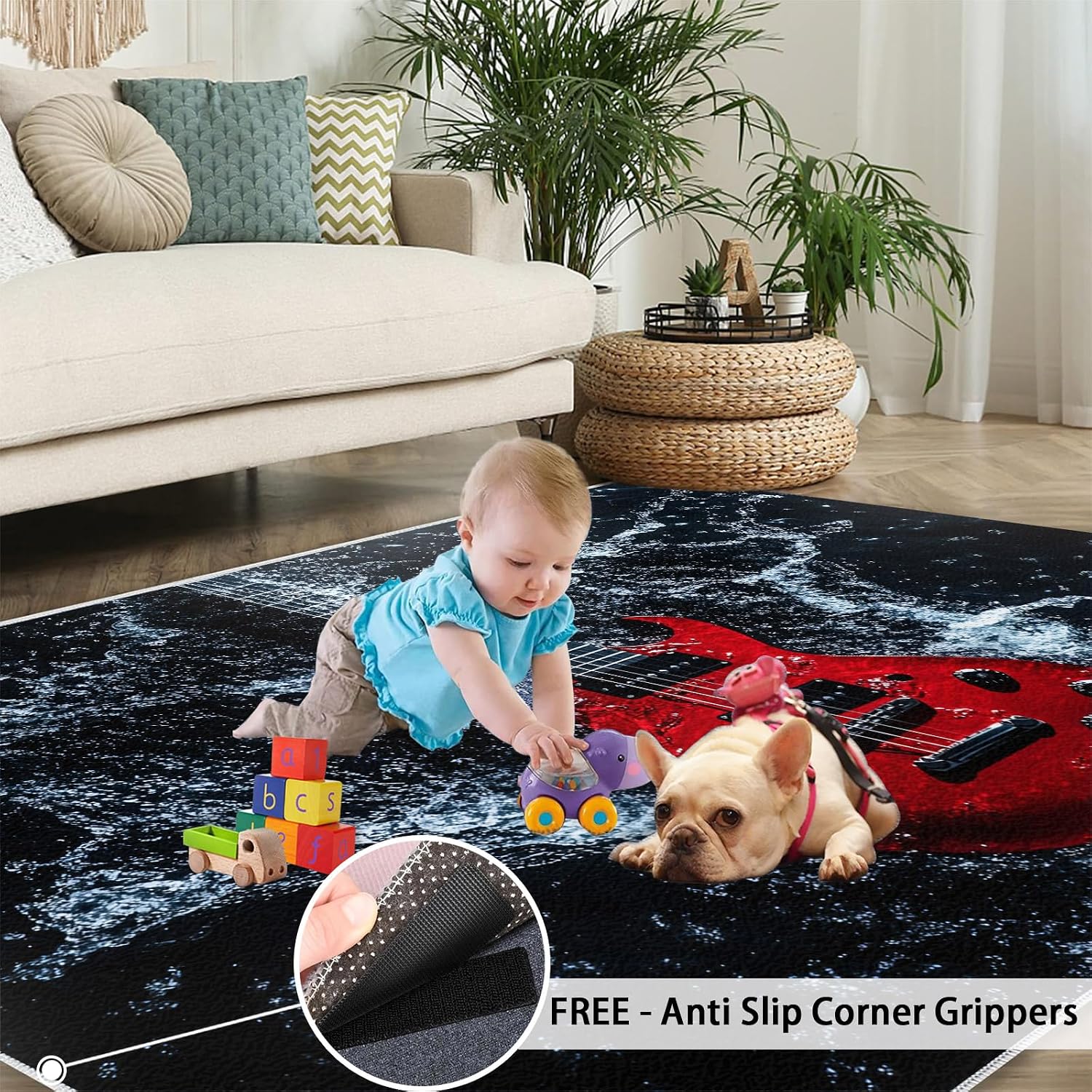 Guitar Rug 6x8, Guitar Rugs for Bedroom, Music Rugs for Living Room, Washable Area Rug for Boys Girls Room, Non Slip & Low Pile Carpet