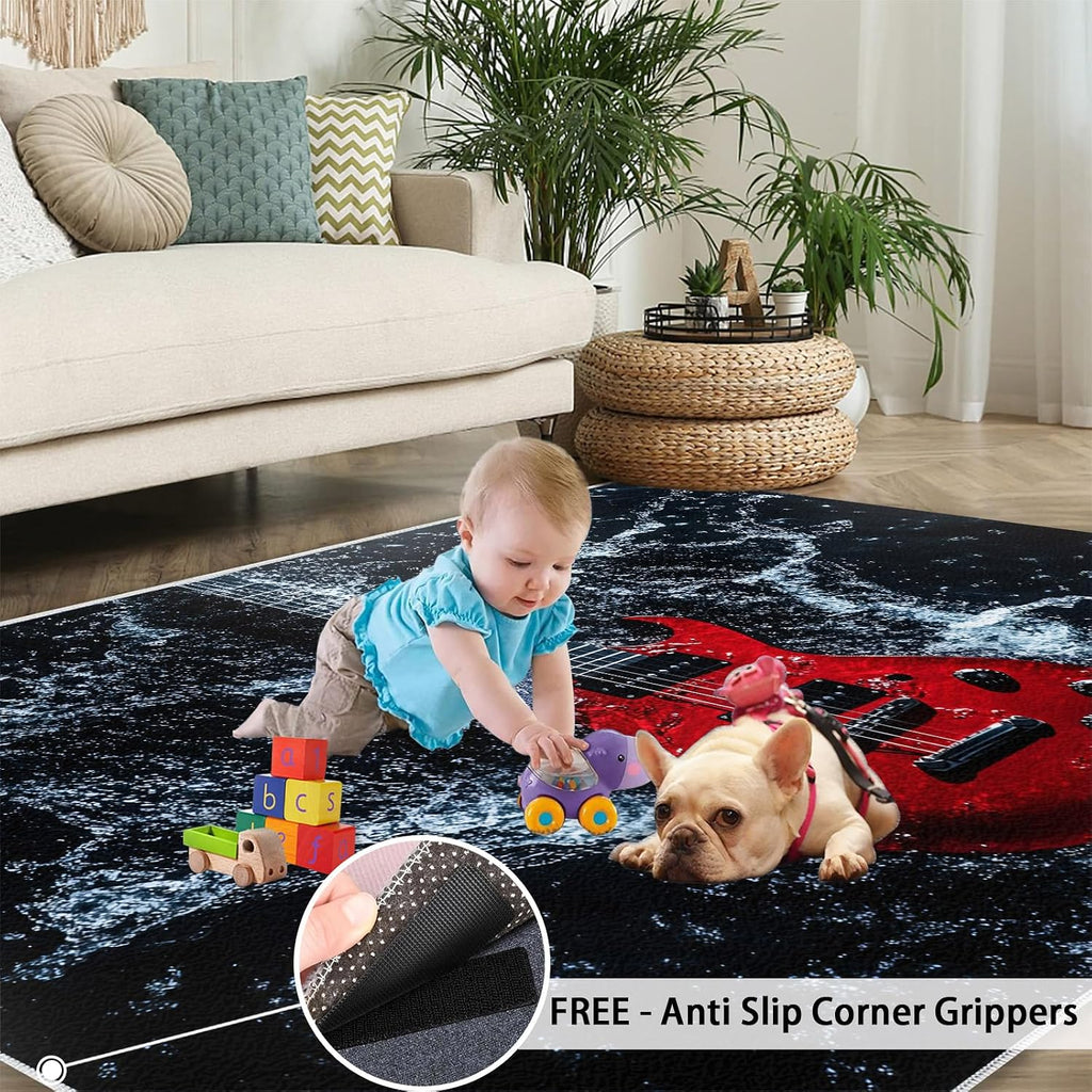 Guitar Rug 5x7, Guitar Rugs for Bedroom, Music Rugs for Living Room, Washable Area Rug for Boys Girls Room, Non Slip & Low Pile Carpet