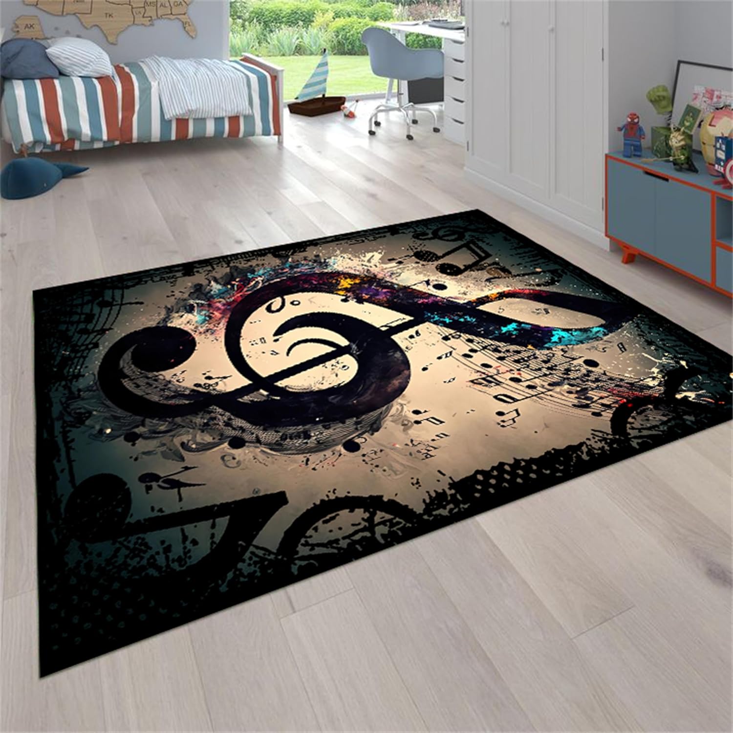 Retro Musical Note Area Rug, 6x8ft, Black, Suitable for Boys and Girls Room Decoration, Washable Soft Low Pile Rug for Hallway Music Room