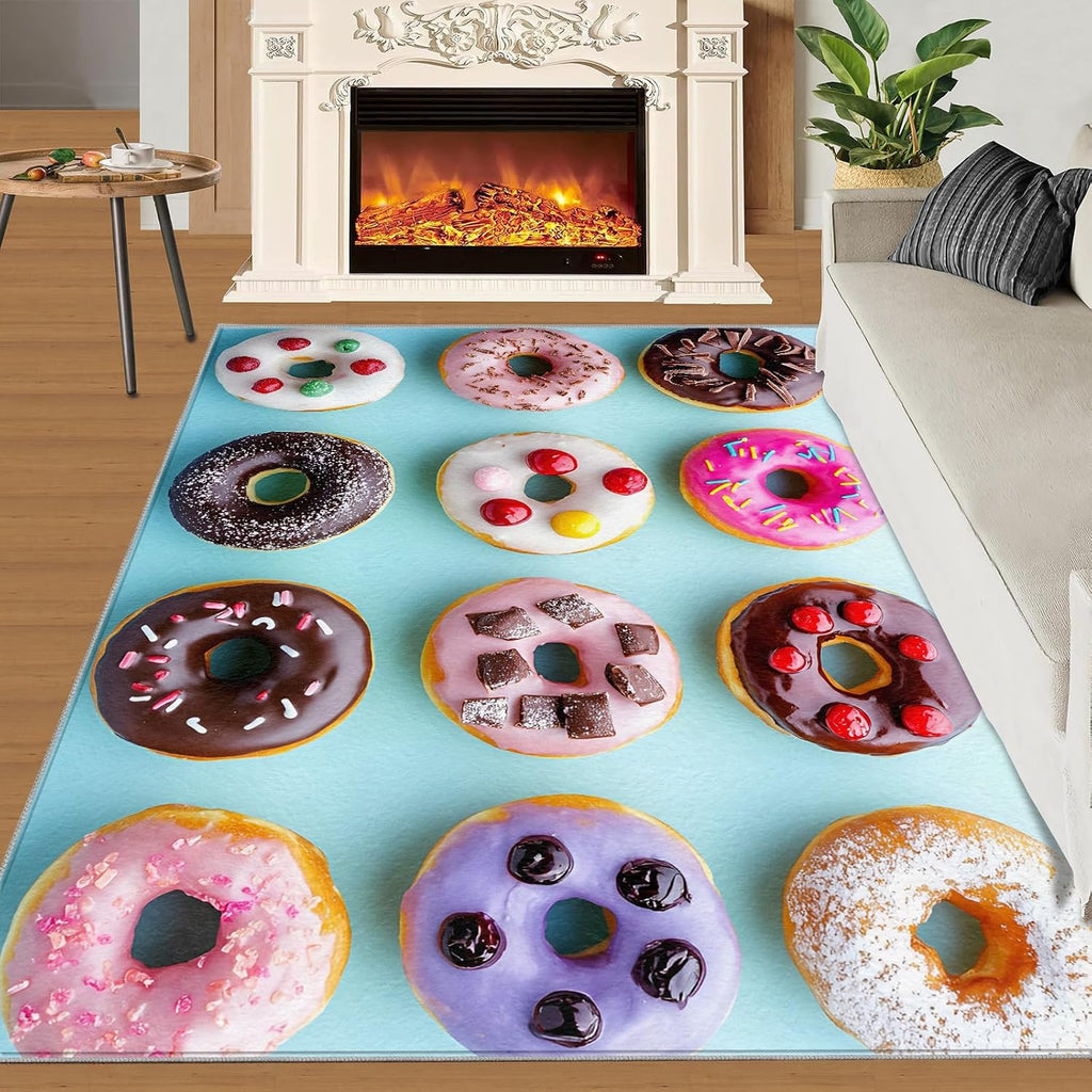 Donut Rug 6x8, Cake Rugs for Bedroom, Dessert Shop Rugs for Living Room, Washable Area Rug for Boys Girls Bedroom, Low Pile & Non Slip Carpet