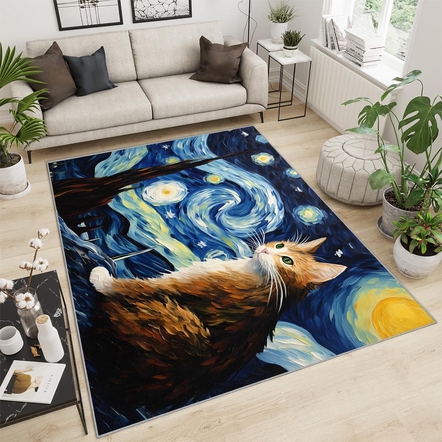 6x8 Area Rug - Starry Sky Cat Large Rugs for Living Room, Post-Impressionist Art Painting Carpet Area Rug for Girls Bedroom Kids Room Basement Office Classroom