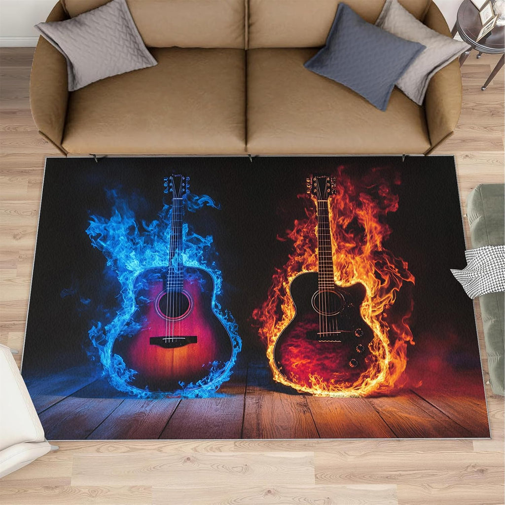 Guitar Rug for Bedroom 6x8 Rug Fire Water Guitar Rugs, Rock Music Themed Home Decor, Non Slip Washable Large Rugs, Instruments Print Carpet for Boys and Girls Teen Playroom