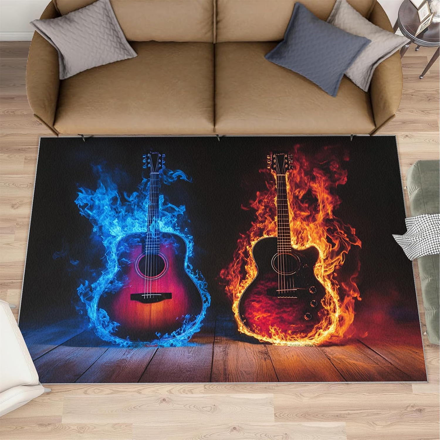 Guitar Rug - 6x8 Rugs for Bedroom, Music Area Rug, Ice and Fire Guitar Washable Rugs for Living Room, Non Slip Soft Rock and Roll Indoor Carpet - Home Decor, Music Lover Gifts for Boys