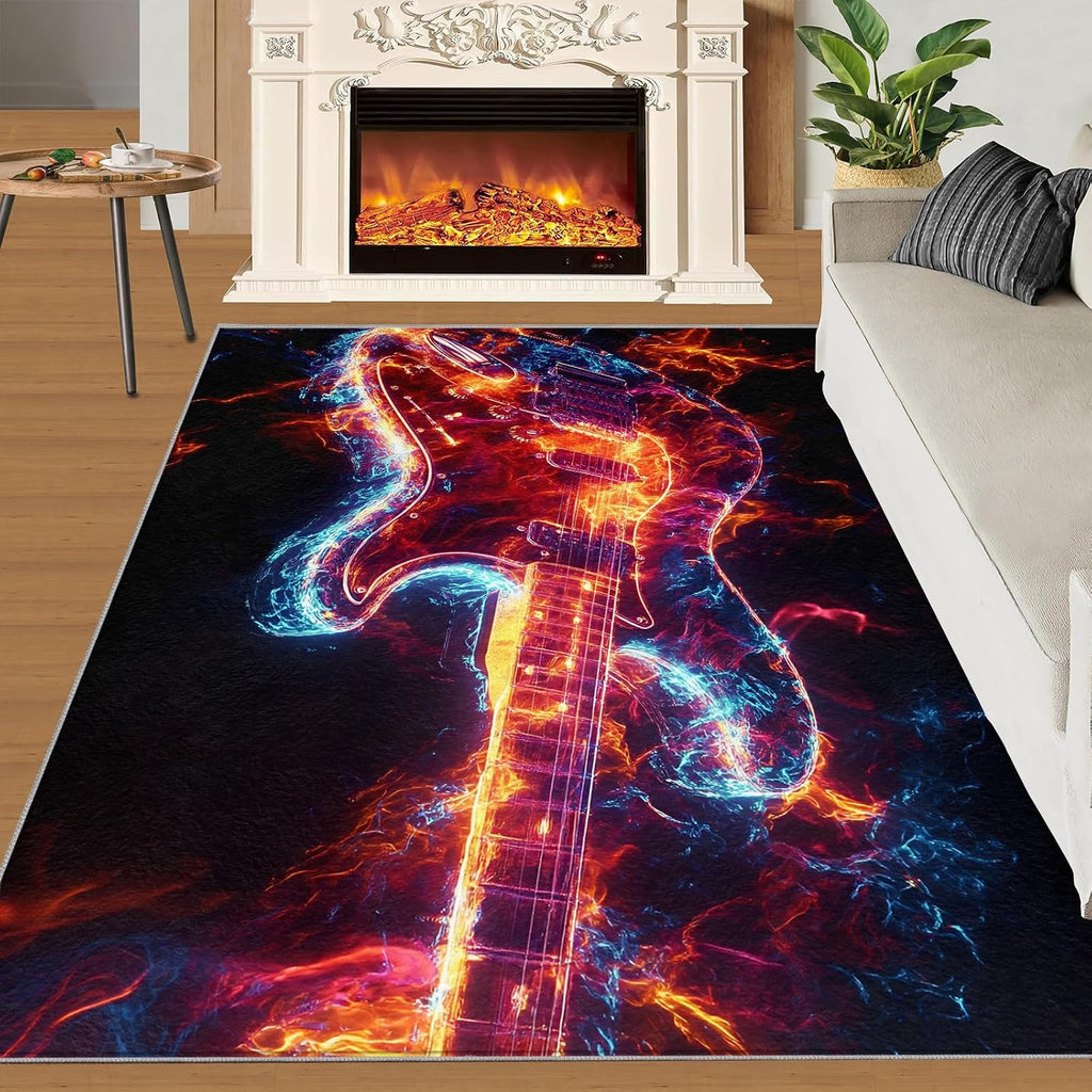 Guitar Rug & Home Decor - Cool Rugs for Living Room, Pop Art Washable Rugs for Bedroom, Musical Carpet, Non Slip Indoor Guitar Area Rug & Music Room Decor 6x8 ft