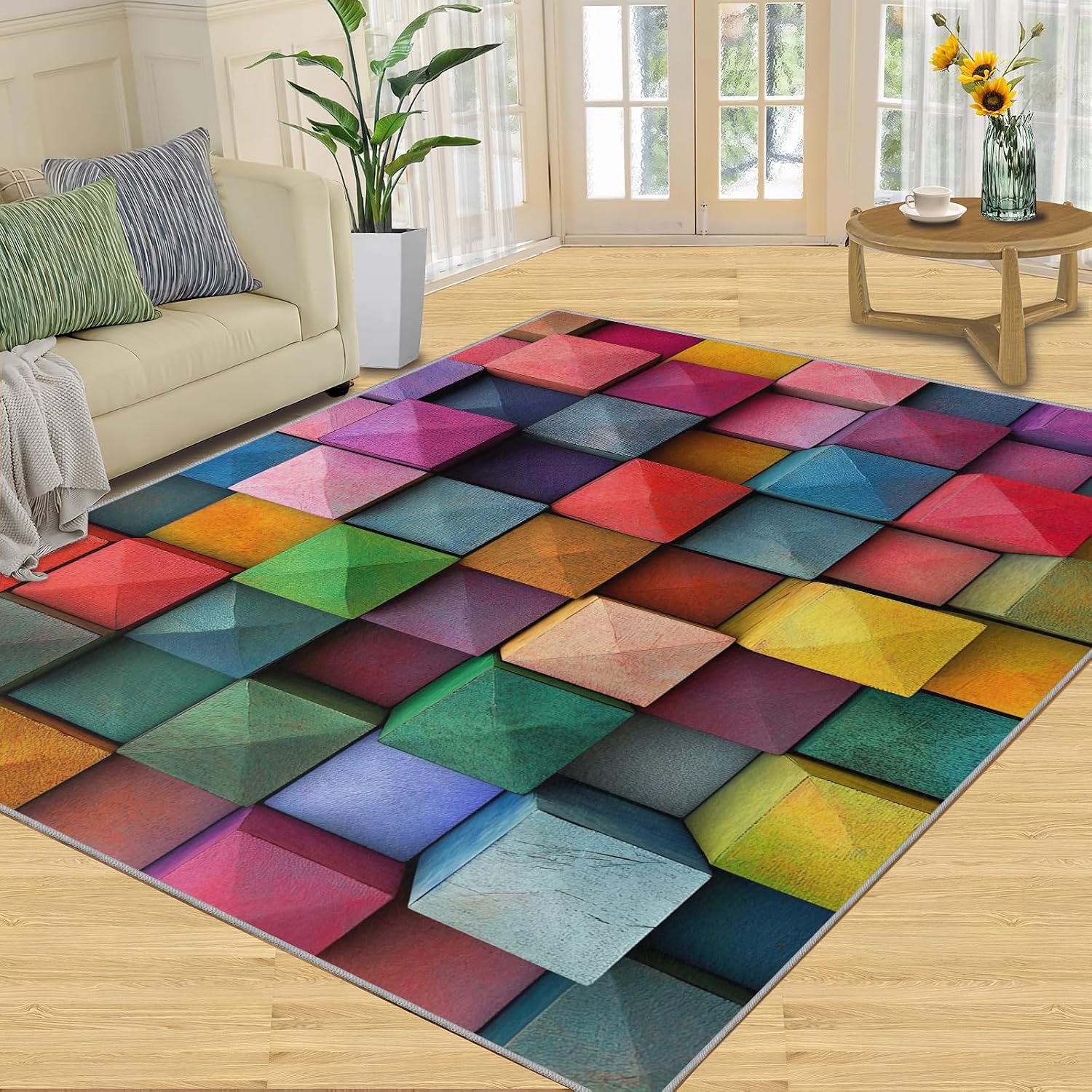 Colorful Rugs for Bedroom, 3D Geometry Area Rug, Abstract Modern Rugs for Living Room, 6x8 Washable Rug Non Slip & Low Pile, Indoor Carpet & Home Decor