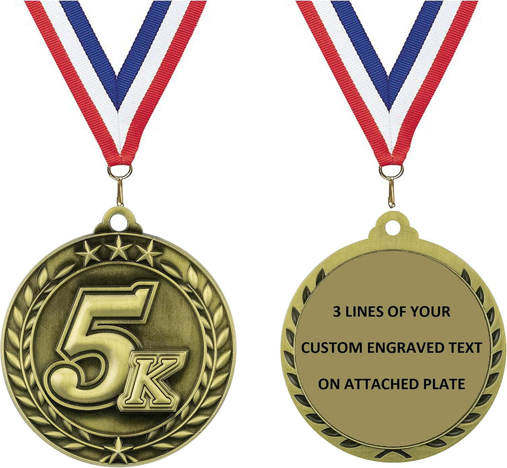 Express Medals Personalized 5K Gold Medal with Red White & Blue Neck Ribbon Award Trophy WAM9
