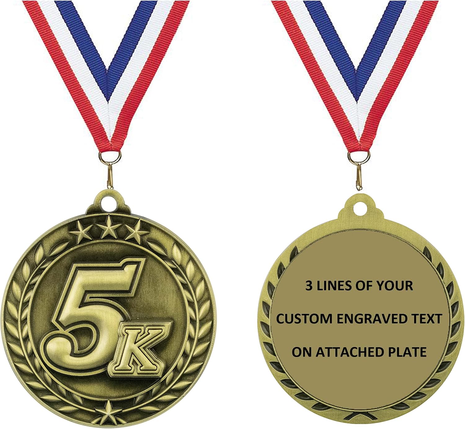 Express Medals Personalized 5K Gold Medal with Red White & Blue Neck Ribbon Award Trophy WAM9