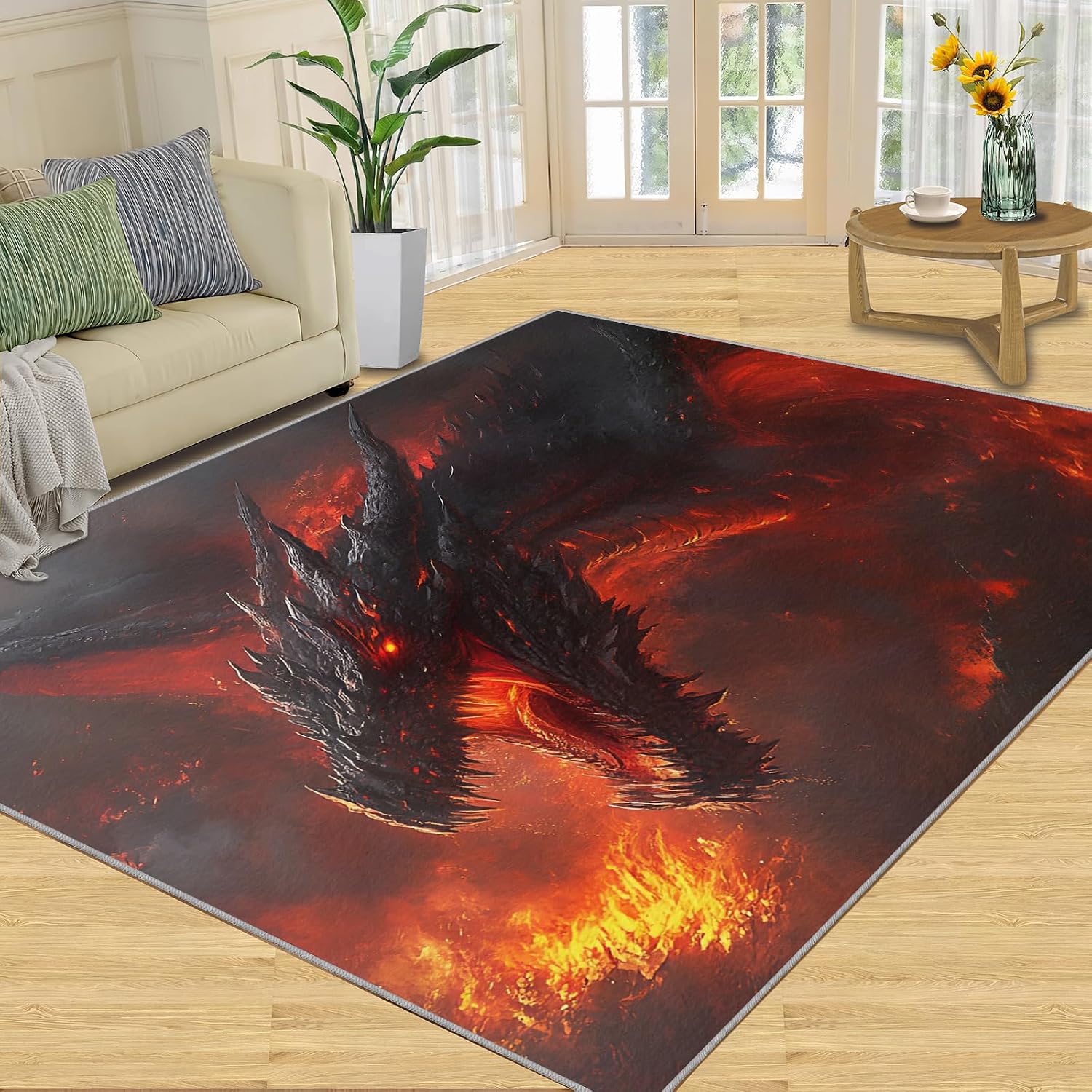 6x8 Dragon Area Rug - Fire Dragon Large Rugs for Living Room, Demon Wyrm Carpet Area Rug for Girls Bedroom Kids Room Basement Office Classroom