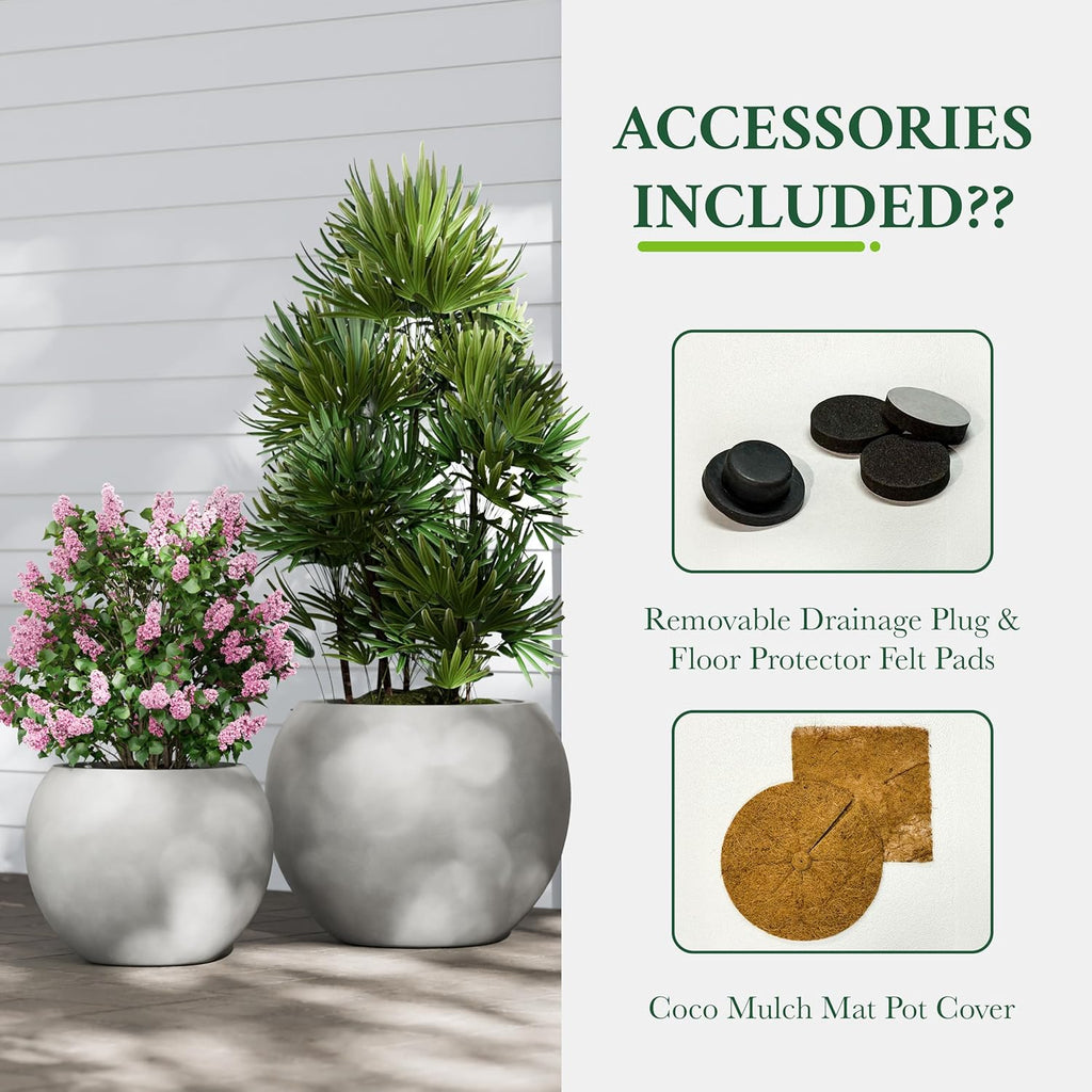 DTY Premium Mt Sherman Fiberstone Sphere Planter for Indoor Outdoor Use, Round Pot for Olive Tree, Lightweight, Smooth Finishes. 2 Extra Coco Mats. Gray, Large 21.1'' D x 16.7'' H. 14.6' Pot Opening