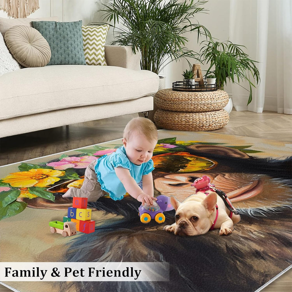 6x8 Chimp Area Rug - Chimpanzee Large Rugs for Living Room, Floral Crown Chimpanzee Carpet Area Rug for Girls Bedroom Kids Room Basement Office Classroom