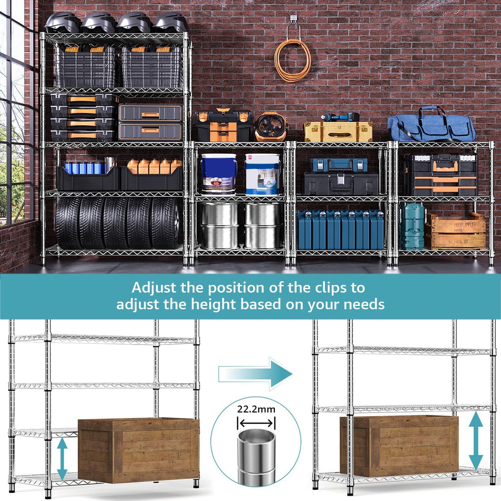 M MZG 5-Shelf Storage Shelves,Wire Shelving Heavy Duty Metal Storage Shelving Unit Adjustable Garage Shelving Rack Pantry Kitchen (Chrome, 5 Tier,17.7' D x 47.2' W x 76.7' H)