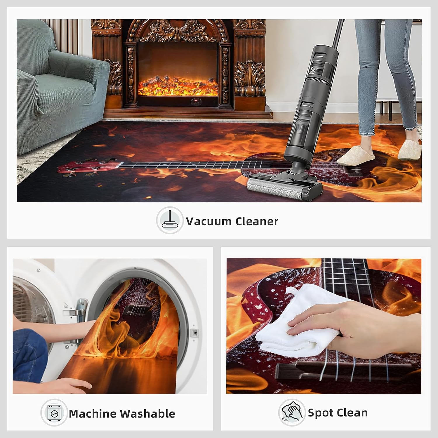 Flame Guitar Area Rug 6x9ft Rock Band Rugs for Boy Room, Cool Electric Guitar Kids Rug, Non-Slip Low Pile Carpet for Music Lovers Bedroom Band Music Room Recording Studio