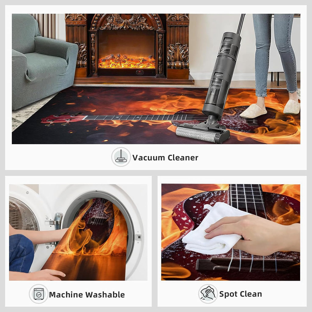 Flame Guitar Area Rug 8x10ft Rock Band Rugs for Boy Room, Cool Electric Guitar Kids Rug, Non-Slip Low Pile Carpet for Music Lovers Bedroom Band Music Room Recording Studio
