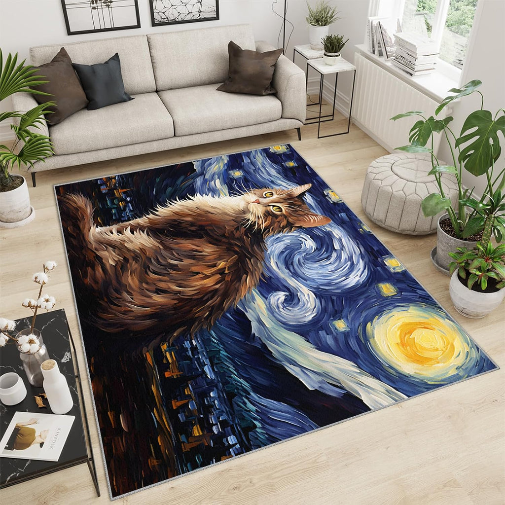 6x8 Area Rug - Starry Sky Norwegian Forest Cat Large Rugs for Living Room, Post-Impressionist Art Painting Carpet Area Rug for Girls Bedroom Kids Room Basement Office Classroom