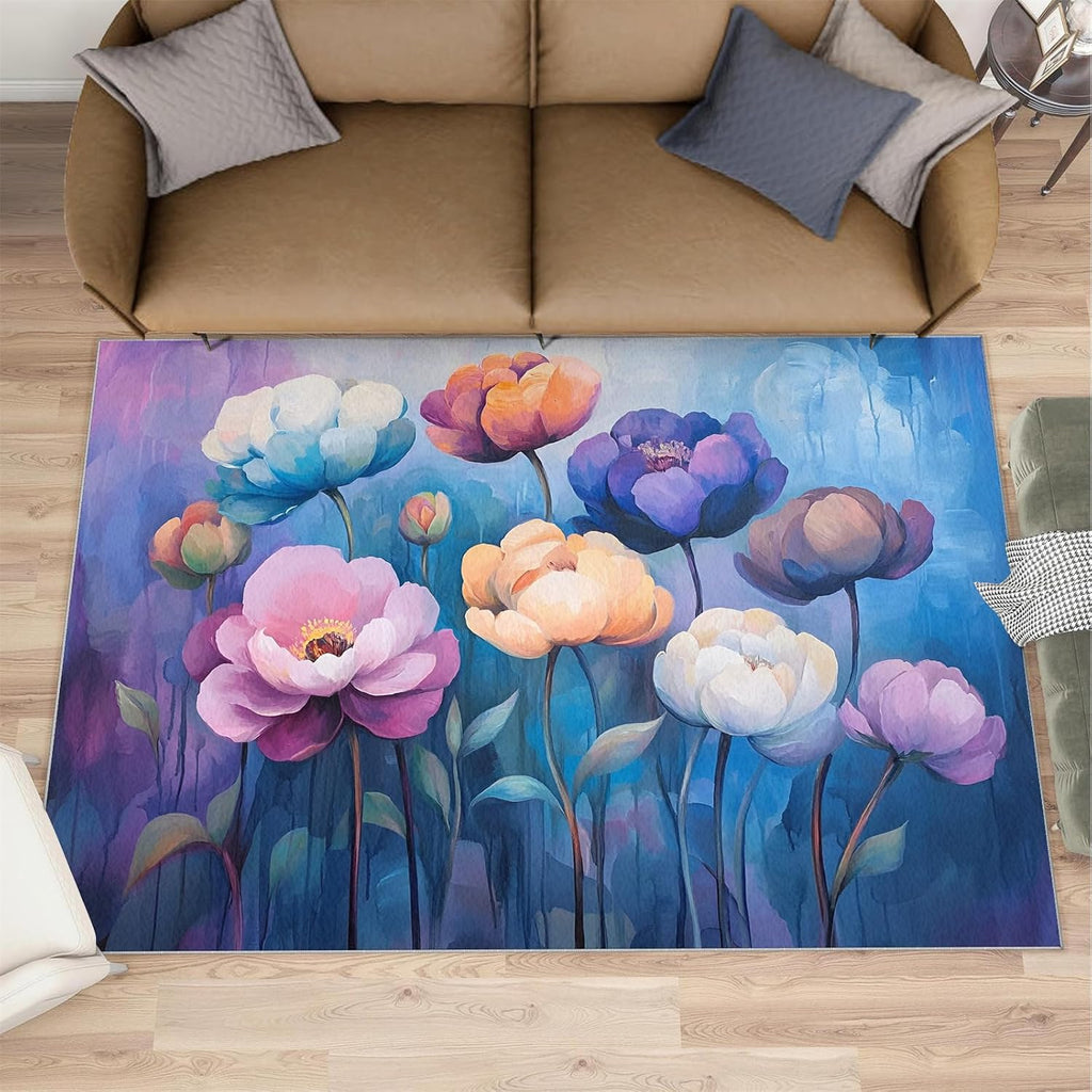 Flowers Rug, Watercolor Flower Rugs for Bedroom 6x8 Rug, Plant Floral Area Rug, Rugs for Living Room, Non Slip Washable Carpet for Kids Room Home Decor