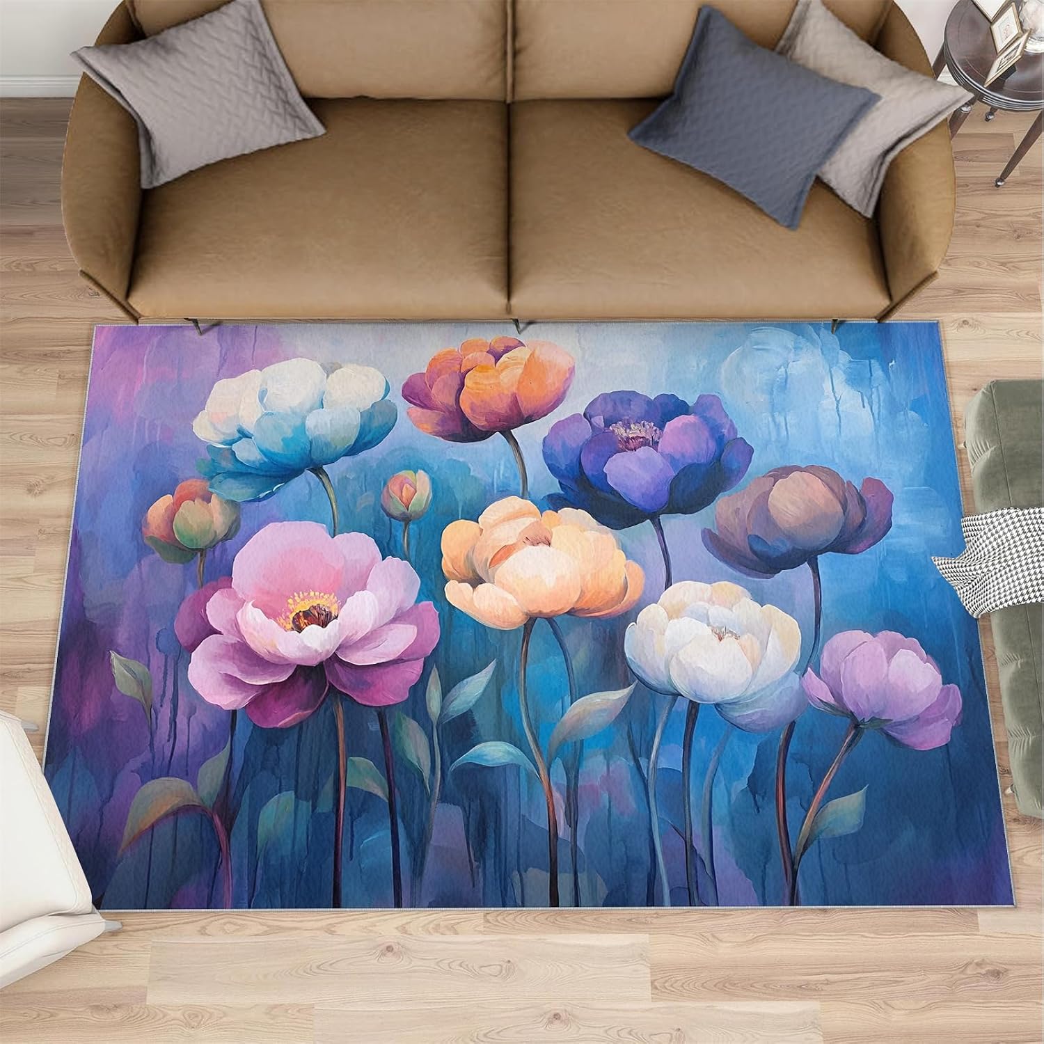 Flowers Rug, Watercolor Flower Rugs for Bedroom 6x8 Rug, Plant Floral Area Rug, Rugs for Living Room, Non Slip Washable Carpet for Kids Room Home Decor