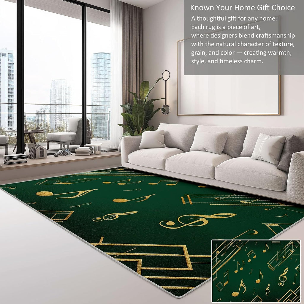 Music Notes Green Stripes Living Room Rug 5' x 7' Area Rug, Washable Carpet Mat for Dining Room, Bedroom, Low Pile Non Slip Stain Resistance Indoor Vintage Carpet