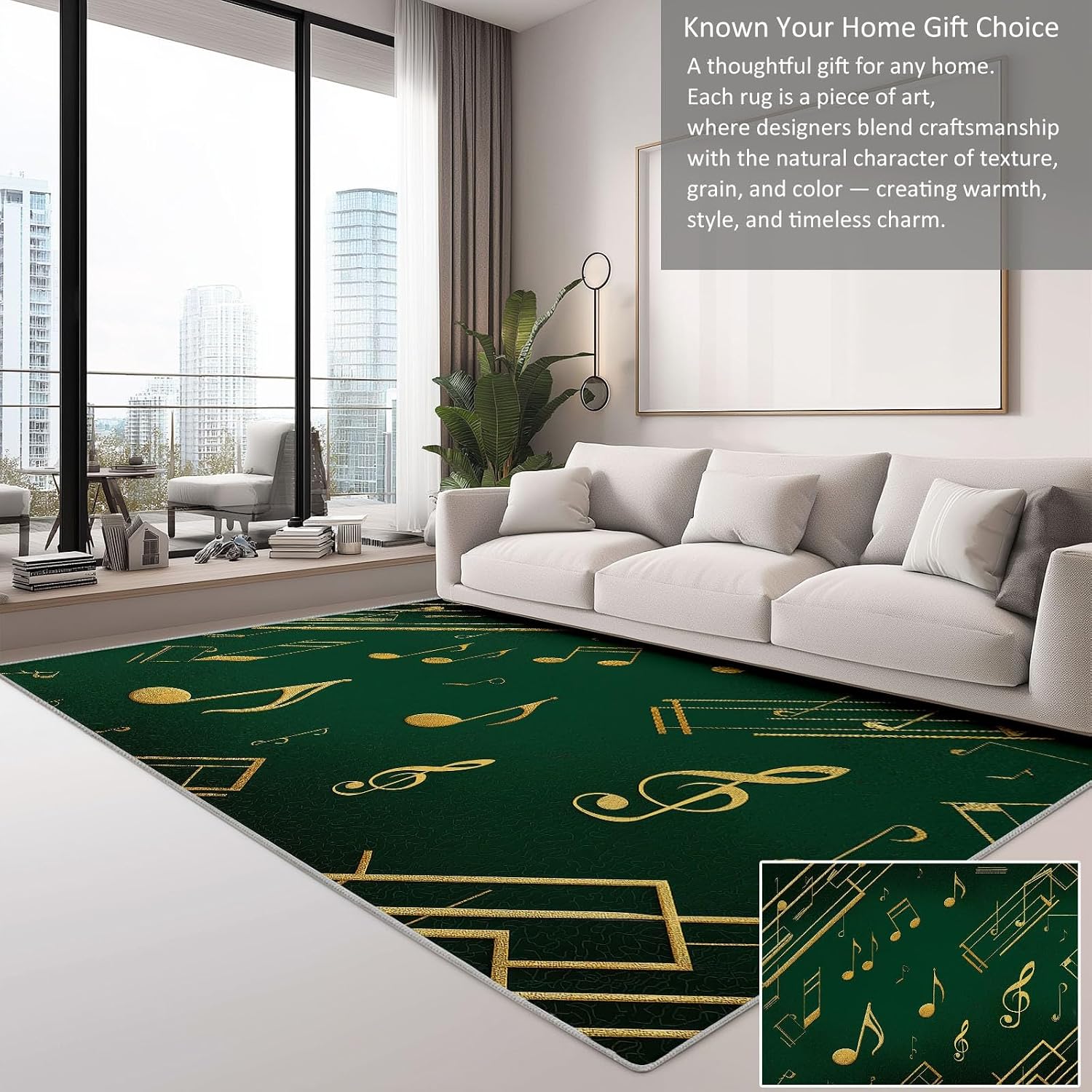 Music Notes Green Stripes Living Room Rug 5' x 7' Area Rug, Washable Carpet Mat for Dining Room, Bedroom, Low Pile Non Slip Stain Resistance Indoor Vintage Carpet