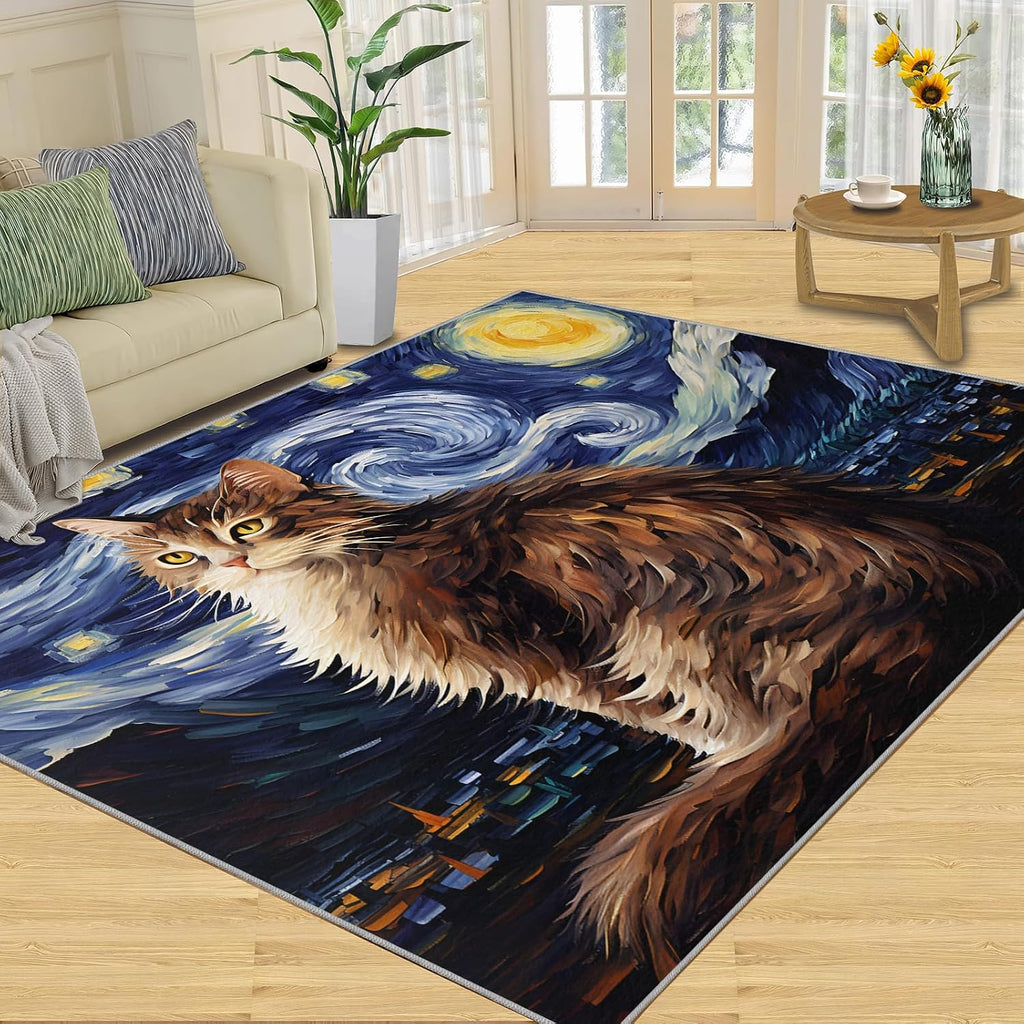 6x8 Area Rug - Starry Sky Norwegian Forest Cat Large Rugs for Living Room, Post-Impressionist Art Painting Carpet Area Rug for Girls Bedroom Kids Room Basement Office Classroom