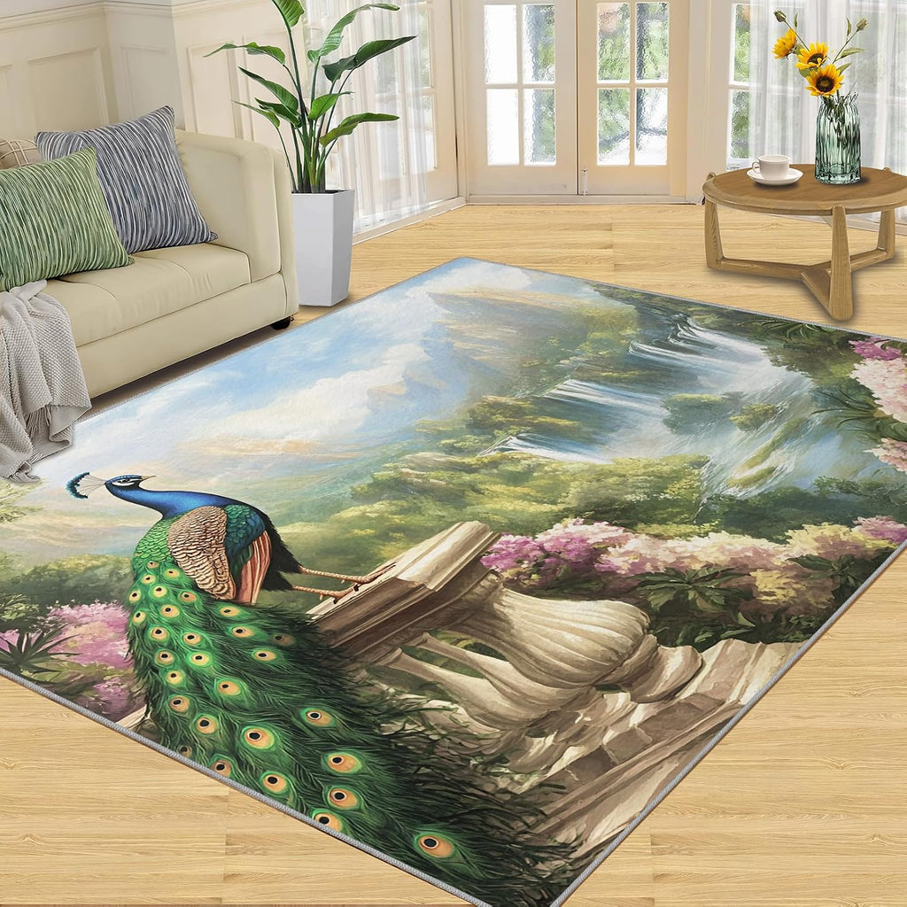 Peacock Rug 6x8-6x8 Rug, Forest Mountain Area Rugs for Living Room, Landscape Rugs for Bedroom, Floral Bird Carpet, Non-Slip Mat, Peacock Home Decor & Gifts