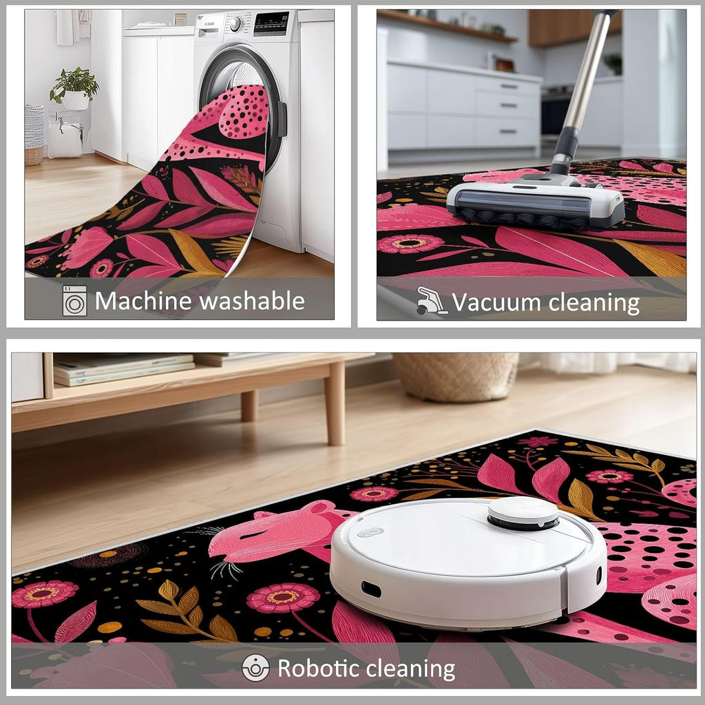 Cartoon Animal Leopard Print Area Rug 5 x 7 ft Washable, Pink Non-Slip Floor Mat - Soft Low-Plie Faux Wool Carpet for Bedroom Living Room Kitchen Entryway Pet Friendly Rug