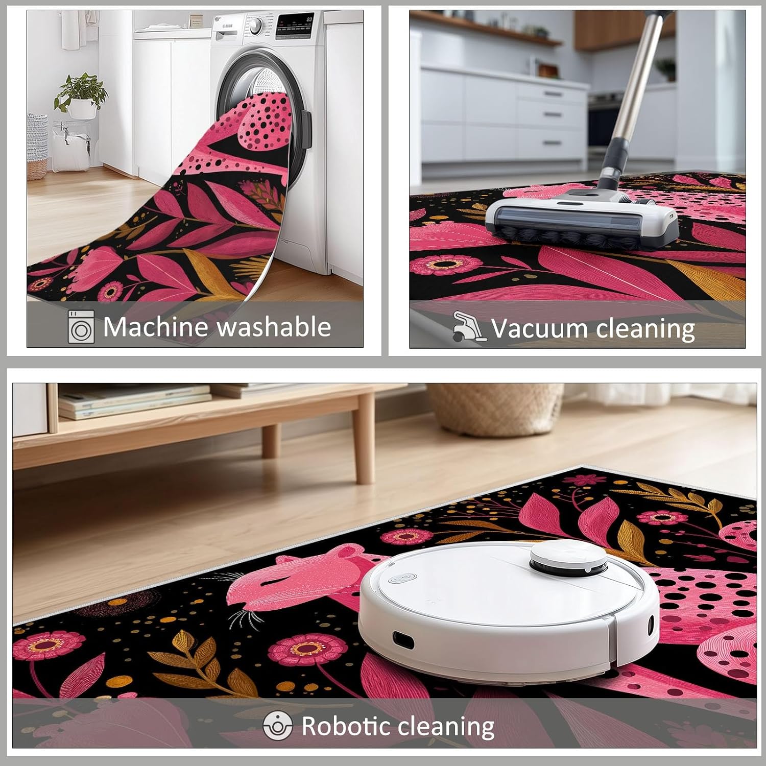 Cartoon Animal Leopard Print Area Rug 5 x 7 ft Washable, Pink Non-Slip Floor Mat - Soft Low-Plie Faux Wool Carpet for Bedroom Living Room Kitchen Entryway Pet Friendly Rug