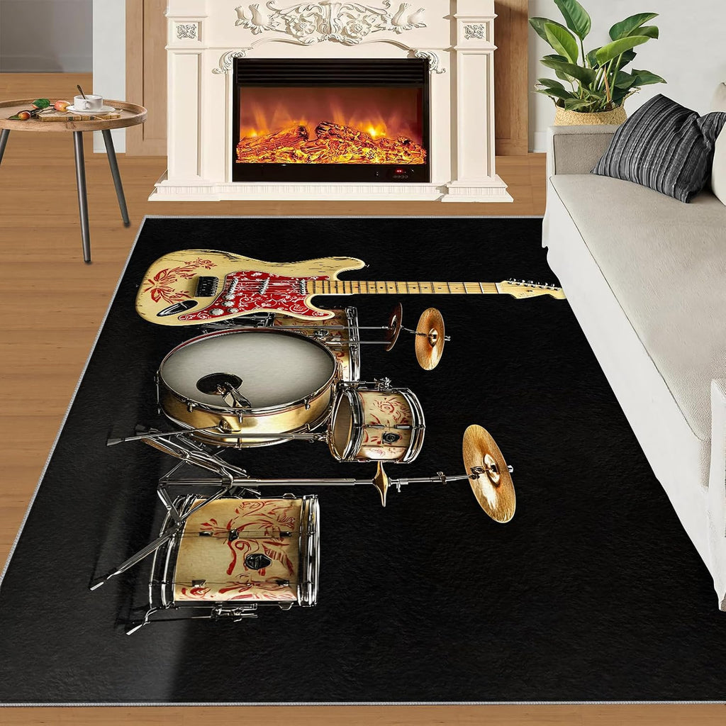 Music Area Rug Large - 6x8 Rug, Guitar Rugs for Living Room, Drum Set Carpet, Acoustic Guitar Washable Area Rugs for Bedroom, Boys Room Carpet, Music Home Decor & Gifts