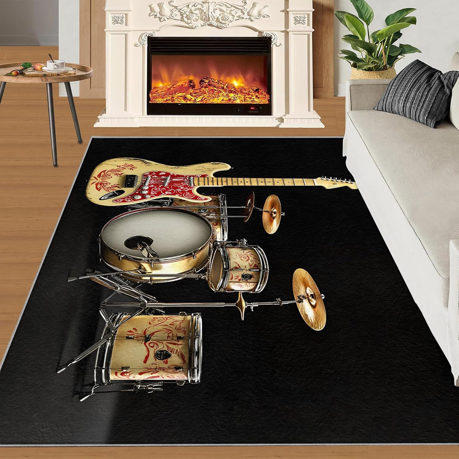 Music Area Rug Large - 6x8 Rug, Guitar Rugs for Living Room, Drum Set Carpet, Acoustic Guitar Washable Area Rugs for Bedroom, Boys Room Carpet, Music Home Decor & Gifts