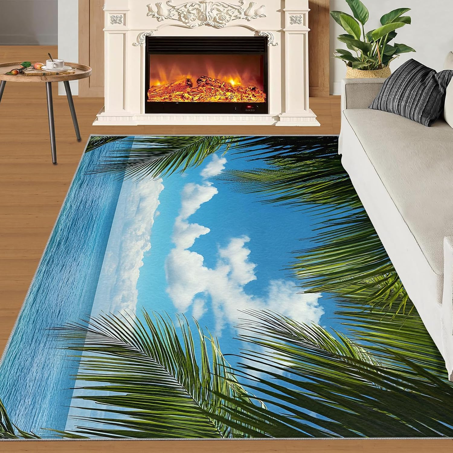 Tropical Palm Leaves Rug 6x8-6x8 Rug, Summer Beach Area Rugs for Living Room Bedroom, Coastal Area Rugs, Blue Ocean Washable Carpet, Landscape Carpet, Beach Home Decor