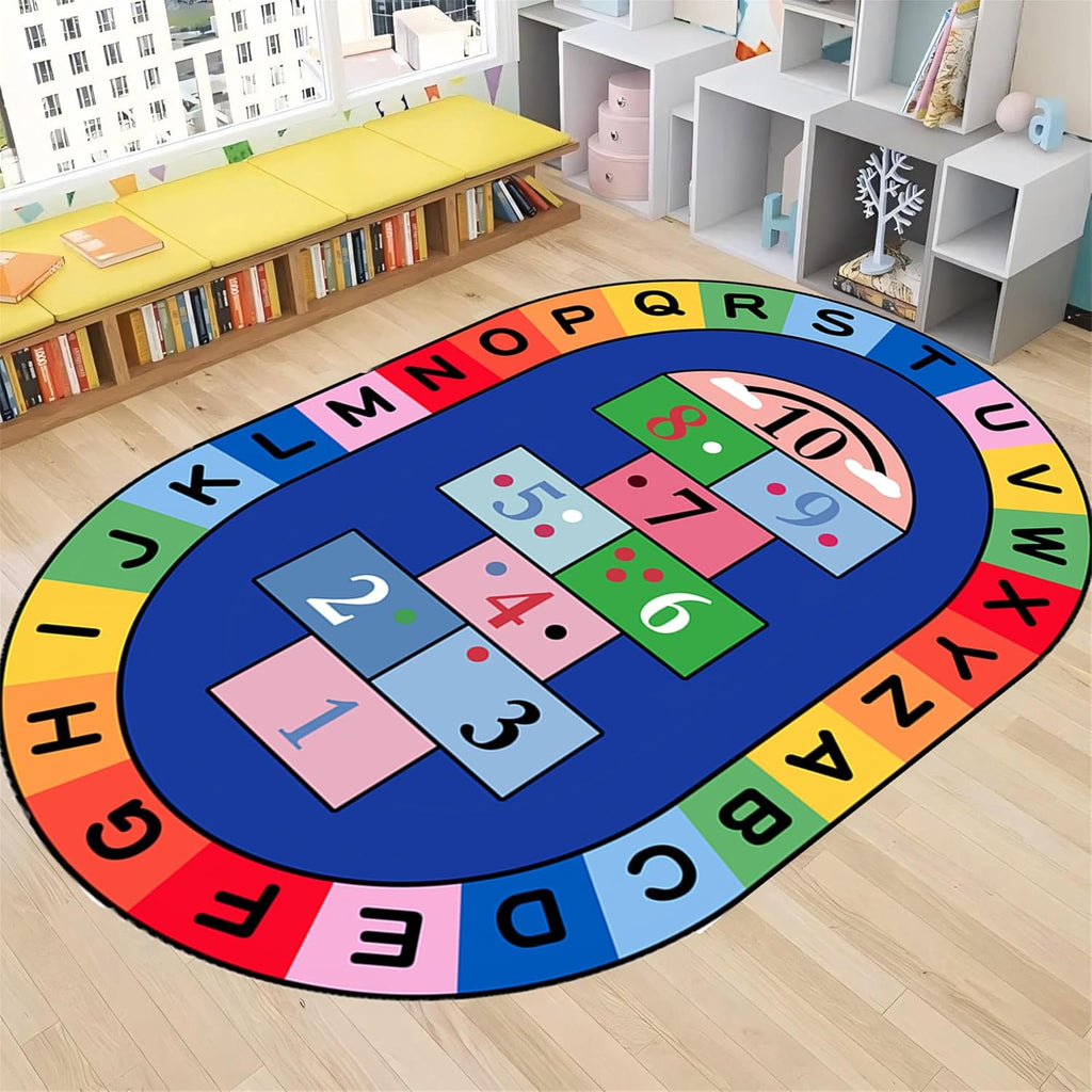 Large Oval Children's Game Area Rug,6x8ft,Cartoon Color Letter Hopscotch Rug,Elementary School Kindergarten Classroom Decorative Rug, Suitable for Children's Room Game Non-Slip Crawling Mat