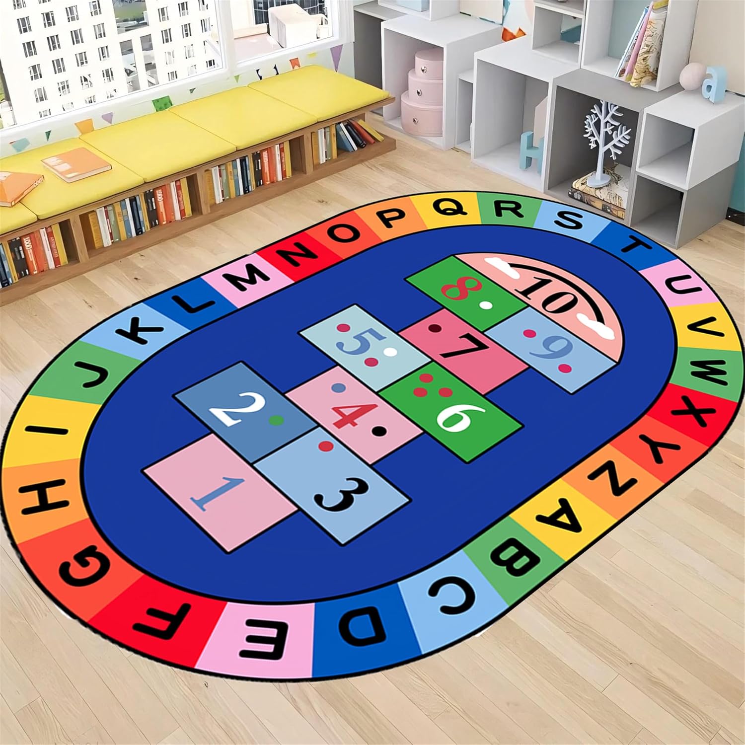 Large Oval Children's Game Area Rug,6x8ft,Cartoon Color Letter Hopscotch Rug,Elementary School Kindergarten Classroom Decorative Rug, Suitable for Children's Room Game Non-Slip Crawling Mat
