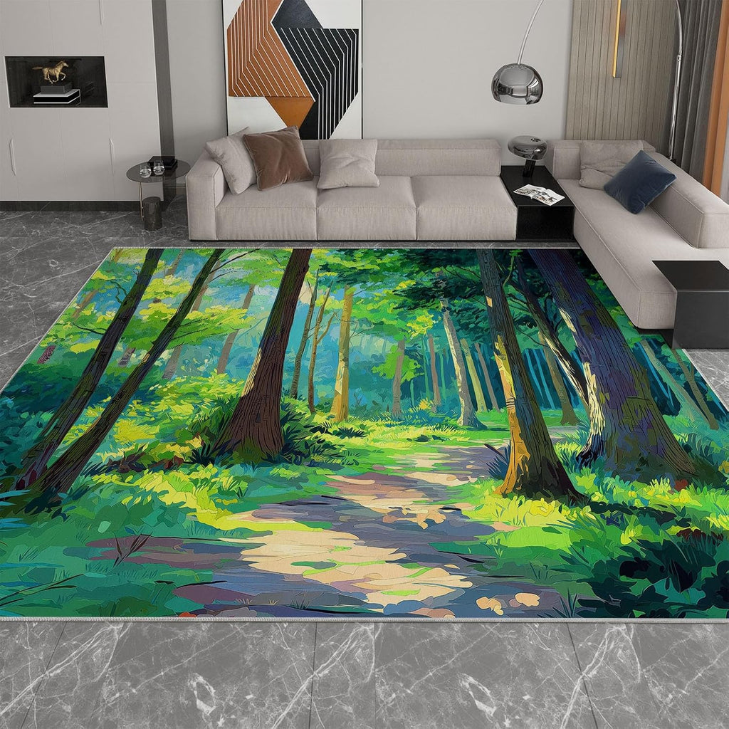 Cartoon Print Area Rug 5 x 7 ft for Living Room, Oil Painting Forest Green Trees Soft Washable Carpet for Bedroom Non-Slip Rug - Stain Resistant Carpets for Kids Playroom Classroom Dining Room