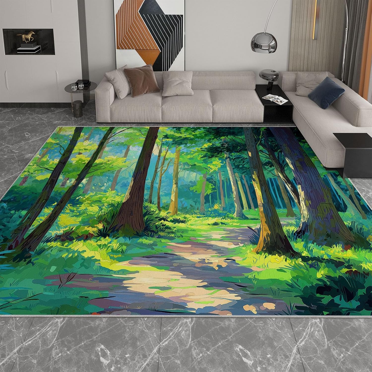 Cartoon Print Area Rug 5 x 7 ft for Living Room, Oil Painting Forest Green Trees Soft Washable Carpet for Bedroom Non-Slip Rug - Stain Resistant Carpets for Kids Playroom Classroom Dining Room