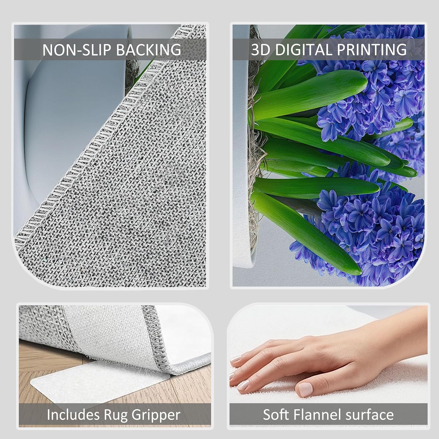 Modern Low-Pile Washable Area Rug 5 x 7 ft, Bedroom Non-Slip Carpet Non-Shedding Living Room Rugs Plants Floral Blue Hyacinth Floor Carpet for Kids Nursery Room Office Dining Room