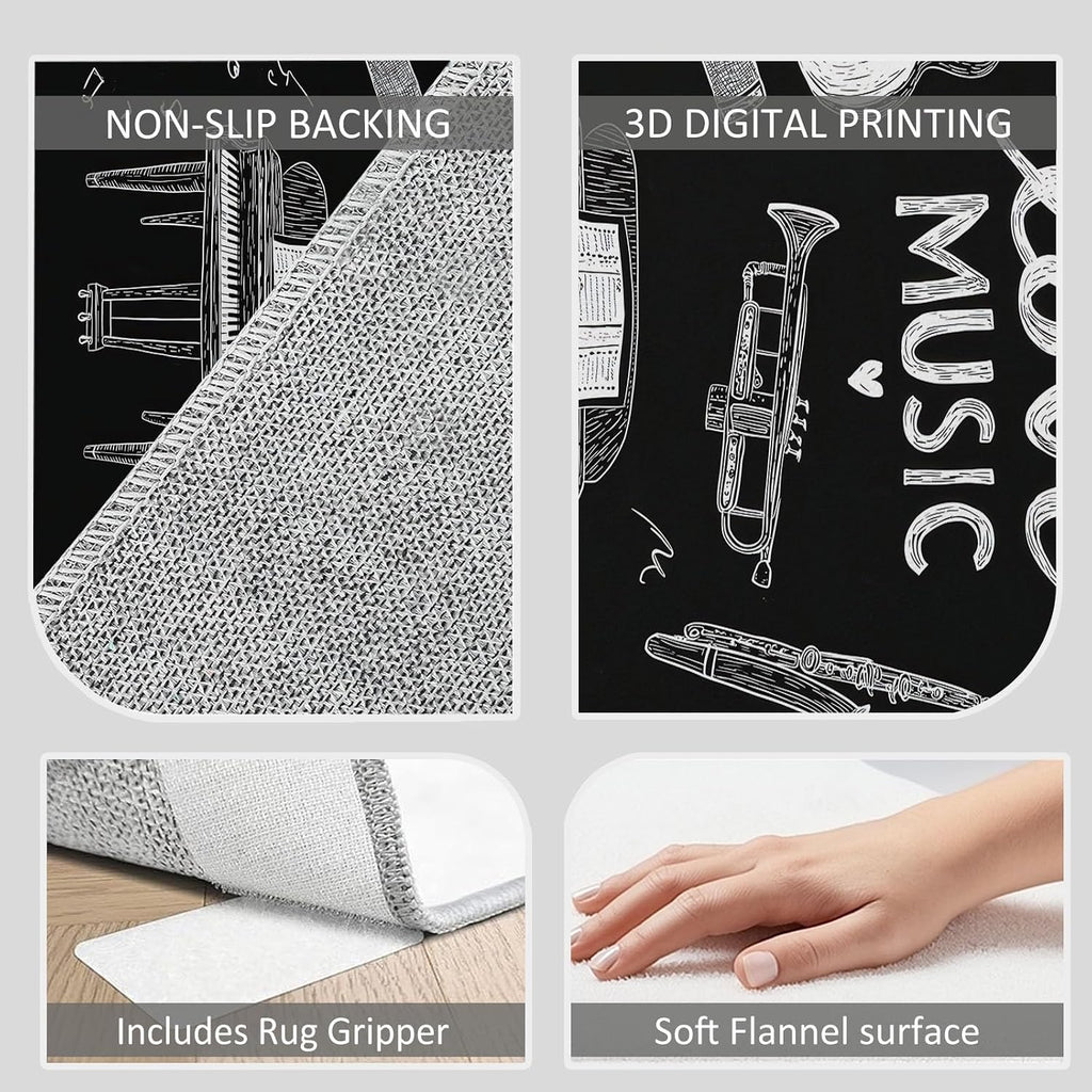 Washable Area Rug 6 x 9 ft, Hand Drawn Instruments Guitar Piano Soft Print Kids Area Rugs for Living Room - Non-Slip Stain Resistance Black Indoor Carpet for Bedroom Kid Nursery Playroom