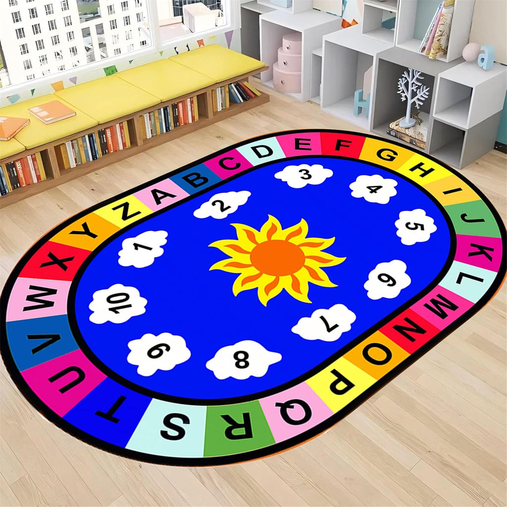 Kids Play Area Rug,6x8ft,ABC Letters and Numbers Colorful Rug, Sunflower Oval Living Room Rug, Baby Toddler Early Crawling Play Non-Slip Rug for Playroom Nursery Kids Bedroom Mat