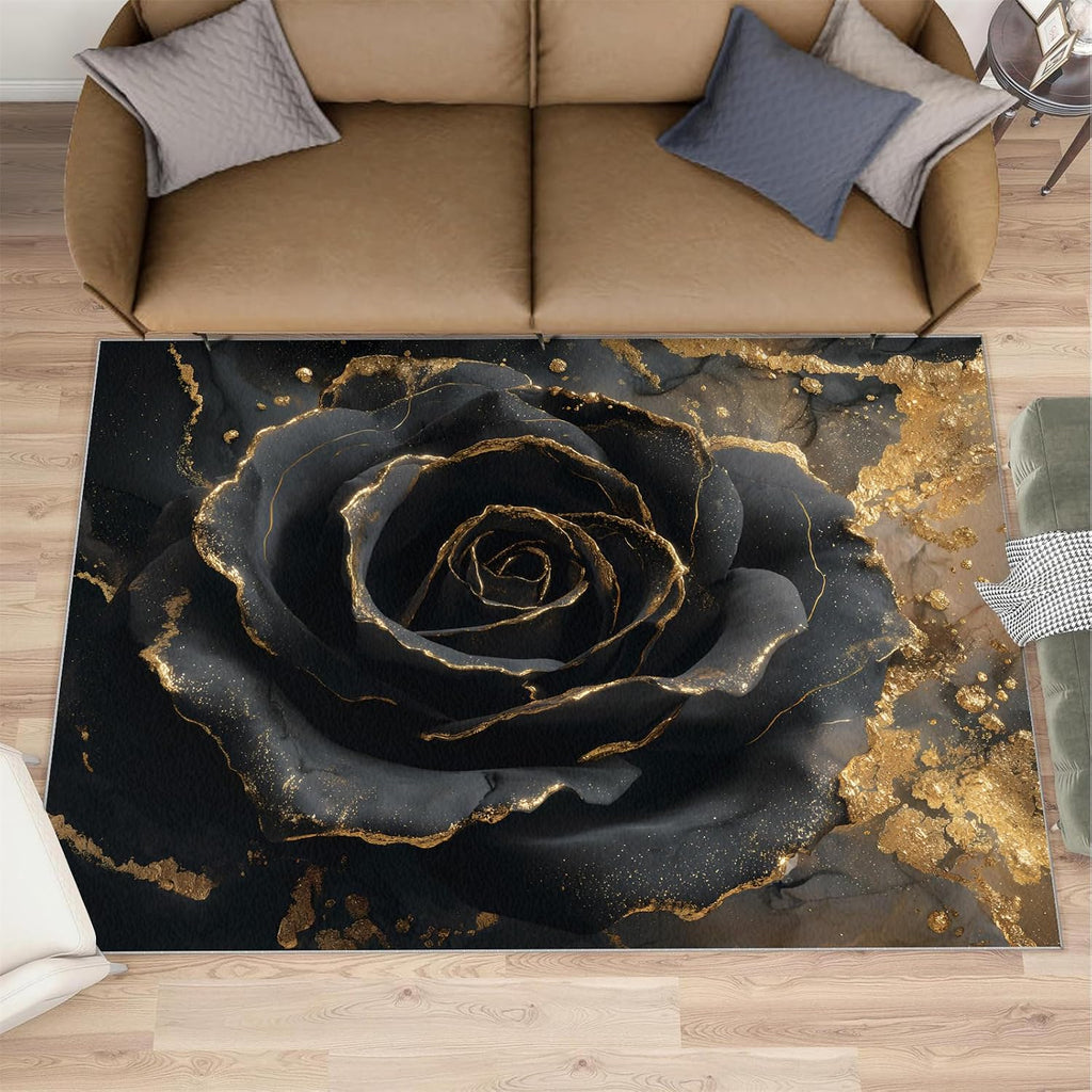 Florals Rugs for Bedroom, Flowers Rug 6x8, Luxury Roses Dining Room Rugs Washable & Non Slip Large Carpet for Home Decor