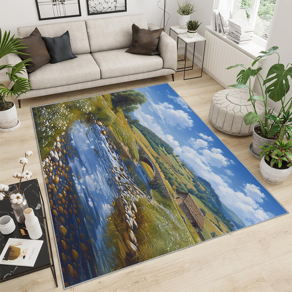 Area Rug 6x8ft, Grassland Lake Rugs, Nature Landscape Area Rug, Upholstery Carpet with Non-Slip Backing, Soft Washable Rug for Living Room Kids Boys Girls Bedroom Study Room