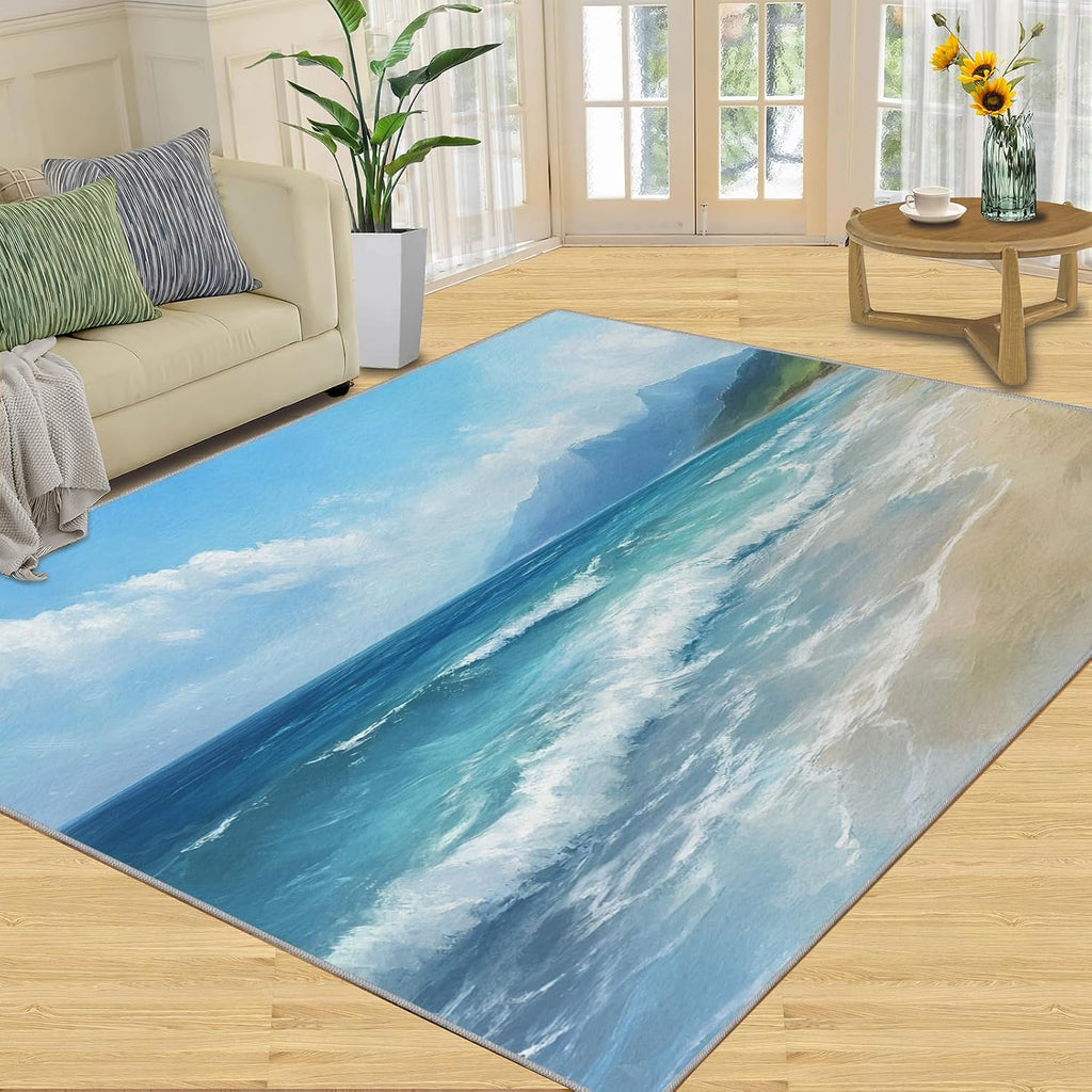 Summer Beach Rug Large - 6x8 Rug, Coastal Area Rugs for Bedroom, Blue Ocean Rugs for Living Room, Landscape Washable Mat, Tropical Sea Carpet, Beach Home Decor & Gifts