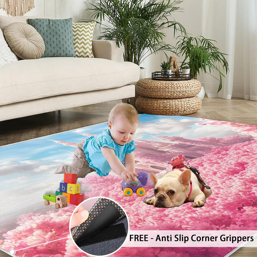 Fairy Castle Rugs for Bedroom, Pink Castle Rug 6x8, Romantic Fairy Tale Dining Room Rugs Washable & Non Slip Large Carpet for Home Decor